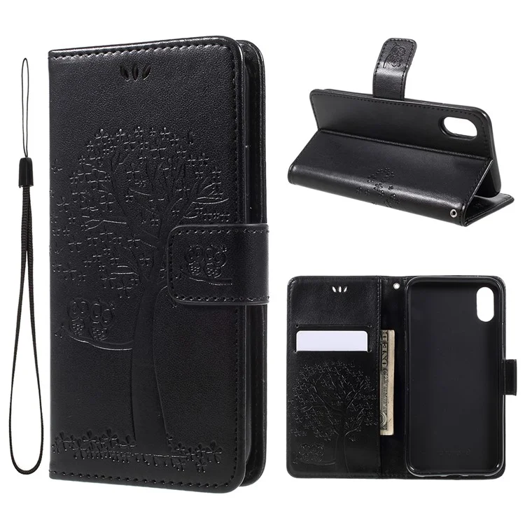 Imprint Tree Owl Magnetic Wallet PU Leather Stand Cover for iPhone X 5.8 inch - Black