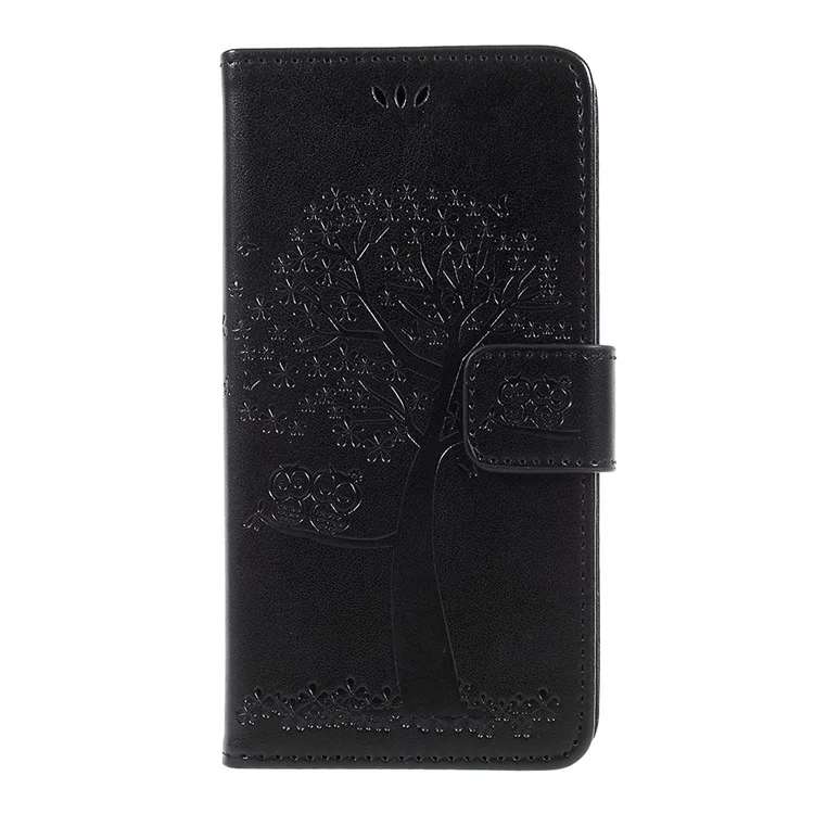 Imprint Tree Owl Magnetic Wallet PU Leather Stand Cover for iPhone X 5.8 inch - Black