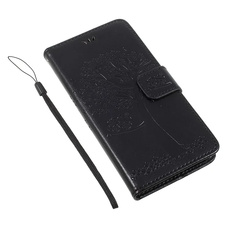 Imprint Tree Owl Magnetic Wallet PU Leather Stand Cover for iPhone X 5.8 inch - Black