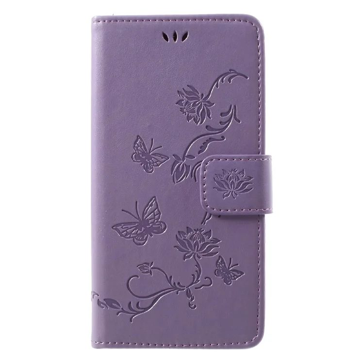 Imprint Butterfly Flowers Magnetic PU Wallet Stand Leather Cell Phone Accessory Case for iPhone X 5.8 inch - Purple