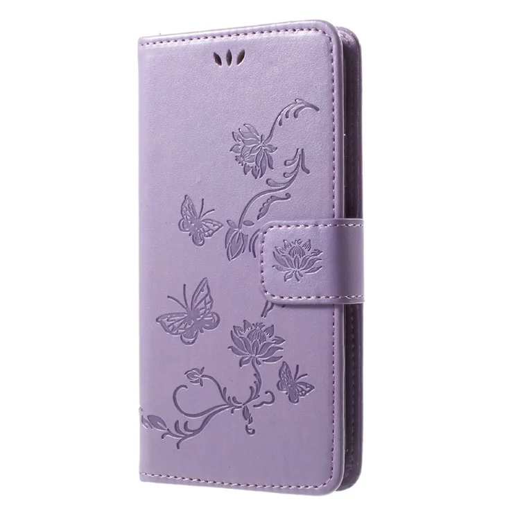 Imprint Butterfly Flowers Magnetic PU Wallet Stand Leather Cell Phone Accessory Case for iPhone X 5.8 inch - Purple
