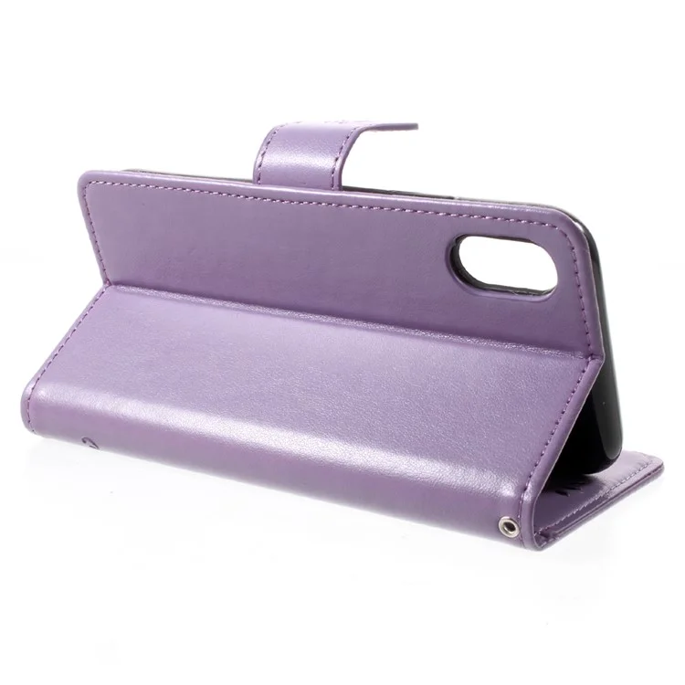 Imprint Butterfly Flowers Magnetic PU Wallet Stand Leather Cell Phone Accessory Case for iPhone X 5.8 inch - Purple