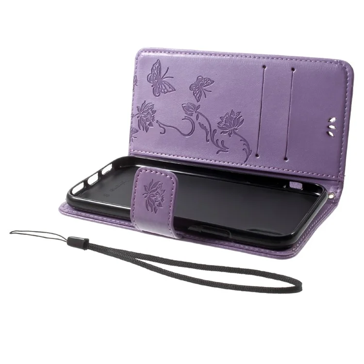 Imprint Butterfly Flowers Magnetic PU Wallet Stand Leather Cell Phone Accessory Case for iPhone X 5.8 inch - Purple