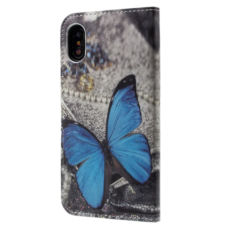 Pattern Printing Wallet Leather Flip Casing for iPhone X/XS 5.8 inch - Blue Butterfly