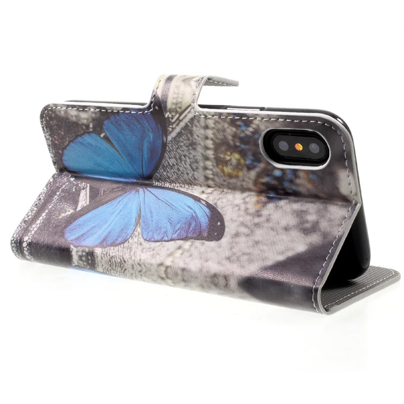Pattern Printing Wallet Leather Flip Casing for iPhone X/XS 5.8 inch - Blue Butterfly