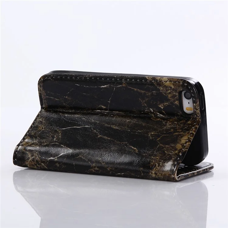 Marble Pattern Stand Leather Wallet Case for iPhone SE 5s 5 - Black