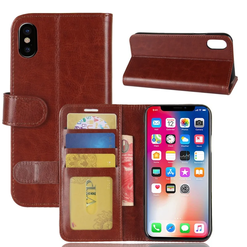 Crazy Horse Card Holder Leather Protection Phone Case for iPhone XS / X 5.8 inch - Brown
