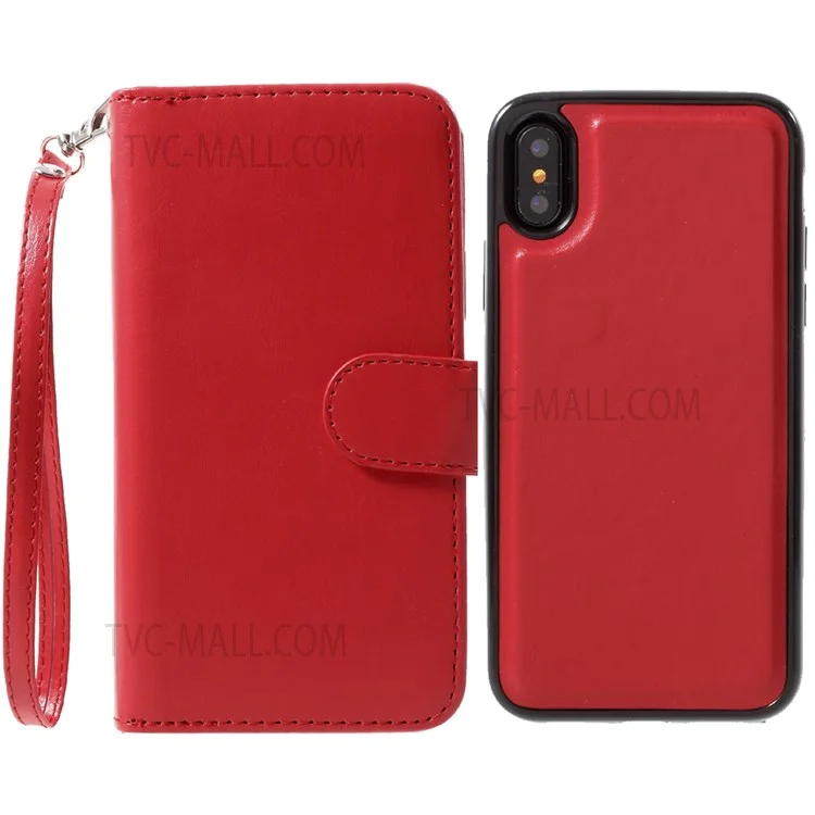 Descongeável 2-em 1 Crazy Horse Magnetic Couather Cartlet Tampa + TPU Back Telefone Para Iphone X/XS 5,8 Polegadas - Vermelho