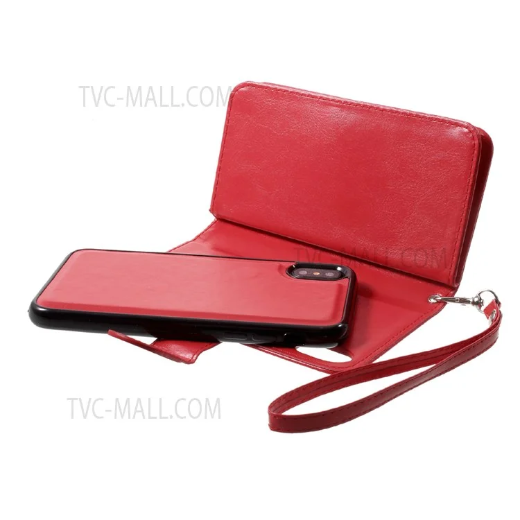 Cubierta de Billetera de Cuero Magnética de Caballos de Caballo 2 en 1 Desmontable + TPU Back Phone Shell Para Iphone X/XS 5.8 Pulgadas - Rojo