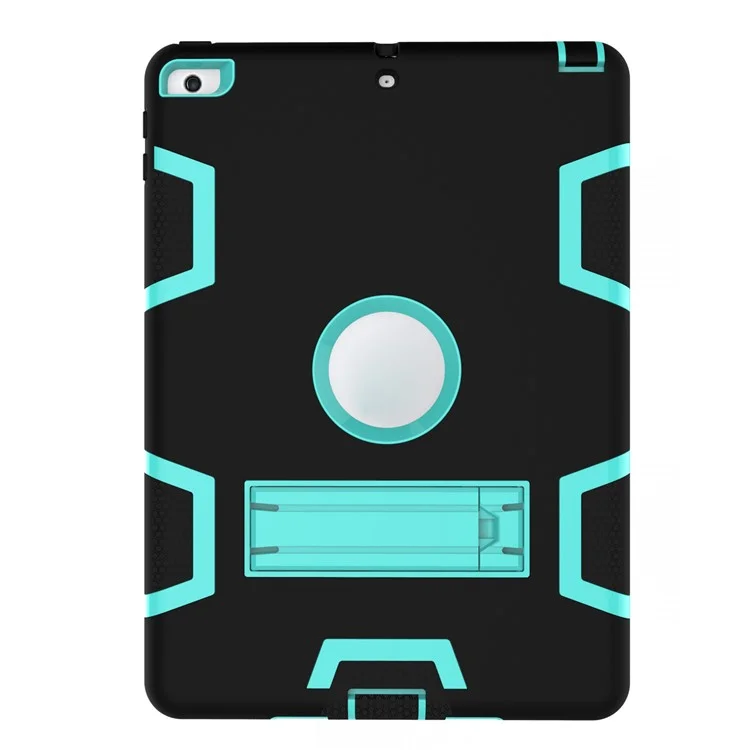 Plastic + Silicone Hybrid Armor Case with Kickstand for iPad 9.7 (2018) / 9.7 (2017) - Black + Cyan