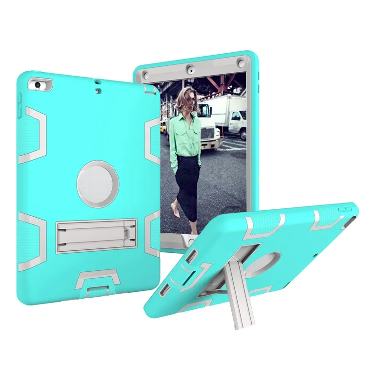 Armor Defender PC + Silicone Combo Protective Shell with Kickstand for iPad 9.7 (2018) / 9.7 (2017) - Cyan + White