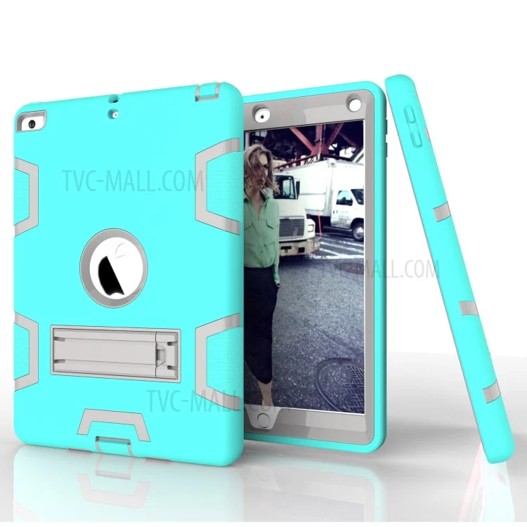 Armor Defender PC + Silicone Combo Protective Shell with Kickstand for iPad 9.7 (2018) / 9.7 (2017) - Cyan + White
