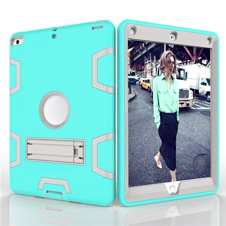 Armor Defender PC + Silicone Combo Protective Shell with Kickstand for iPad 9.7 (2018) / 9.7 (2017) - Cyan + White