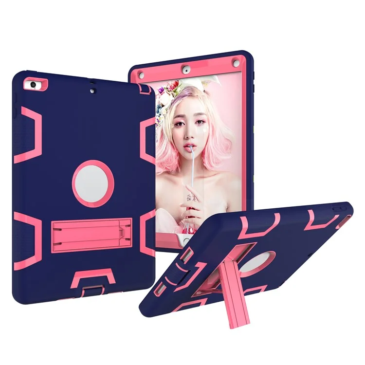 PC + Silicone Heavy Duty Armor Defender Case Shell for iPad 9.7 (2018) / 9.7 (2017) - Dark Blue + Rose