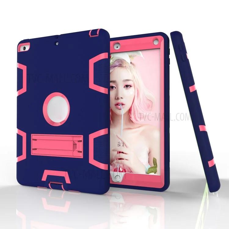 PC + Silicone Heavy Duty Armor Defender Case Shell for iPad 9.7 (2018) / 9.7 (2017) - Dark Blue + Rose