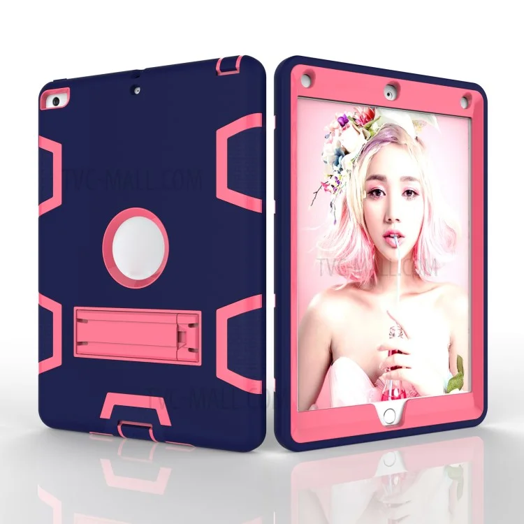 PC + Silicone Heavy Duty Armor Defender Case Shell for iPad 9.7 (2018) / 9.7 (2017) - Dark Blue + Rose