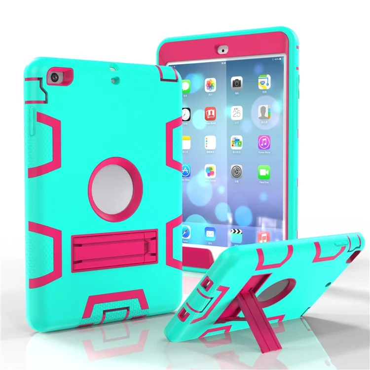 Kickstand PC Silicone Hybrid Armor Protective Cover for iPad mini 3 2 1 - Cyan / Rose