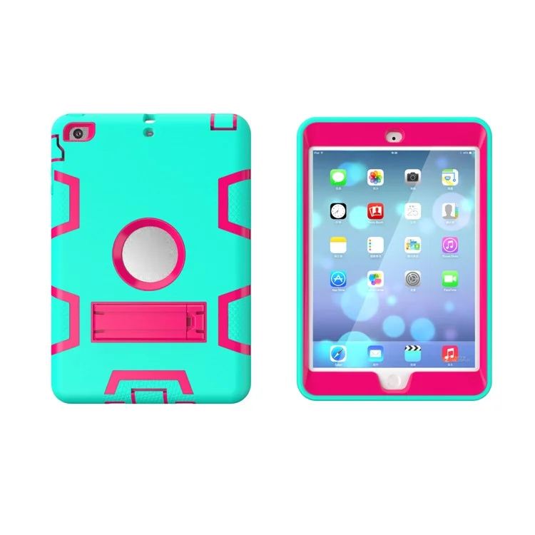 Kickstand PC Silicone Hybrid Armor Protective Cover for iPad mini 3 2 1 - Cyan / Rose