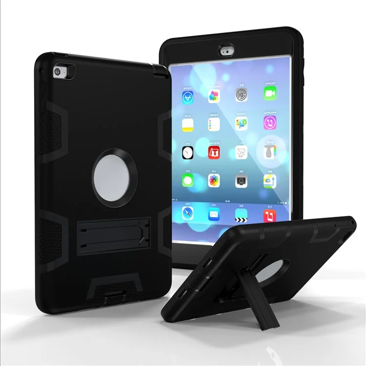 For iPad mini 4 Armor Defender Kickstand PC Silicone Hybrid Case Cover - All Black
