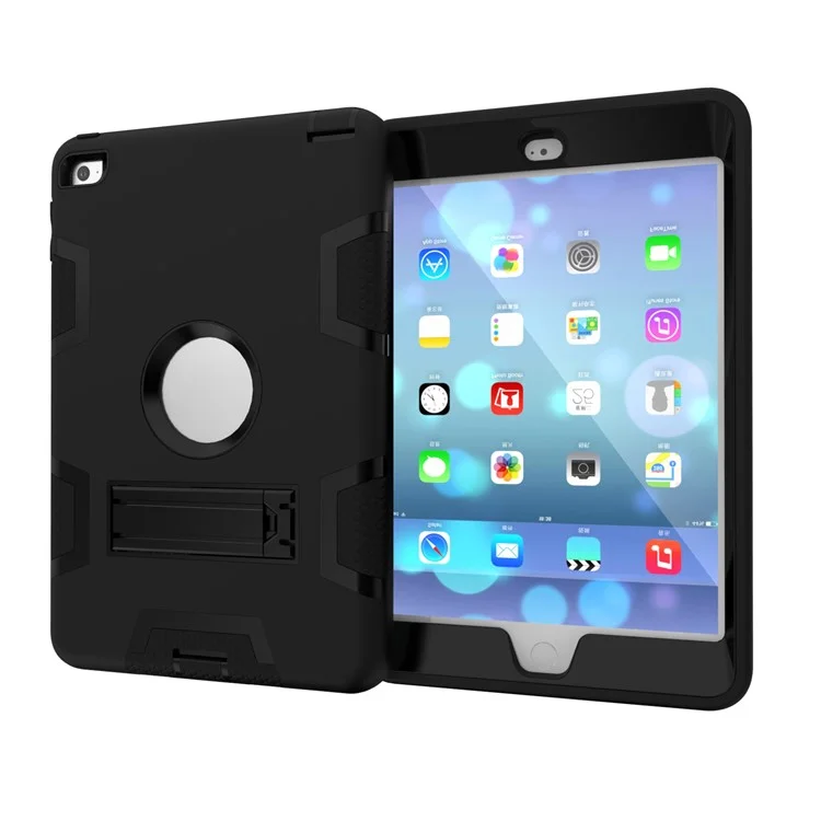For iPad mini 4 Armor Defender Kickstand PC Silicone Hybrid Case Cover - All Black