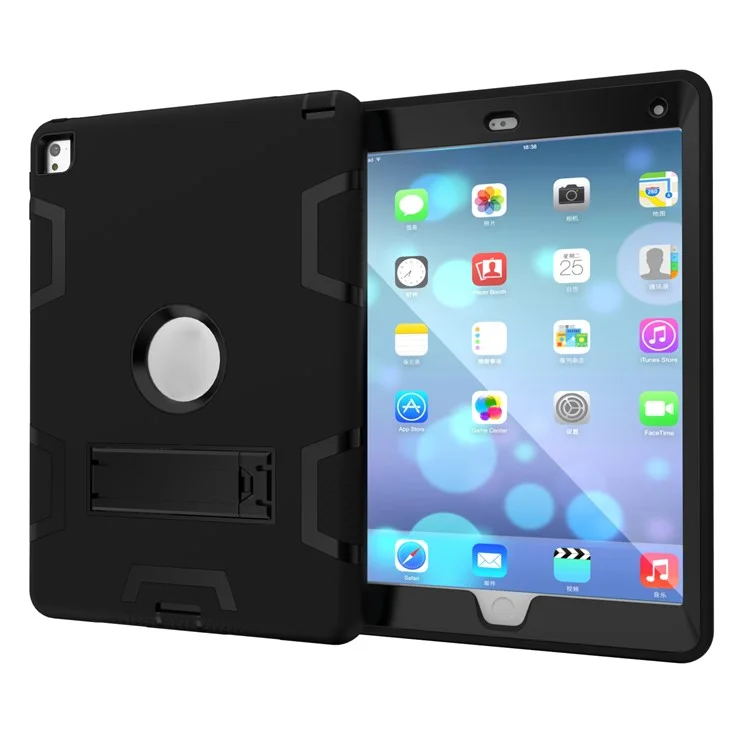 For iPad Air 2 Armor Defender PC Silicone Hybrid Kickstand Case Cover - All Black