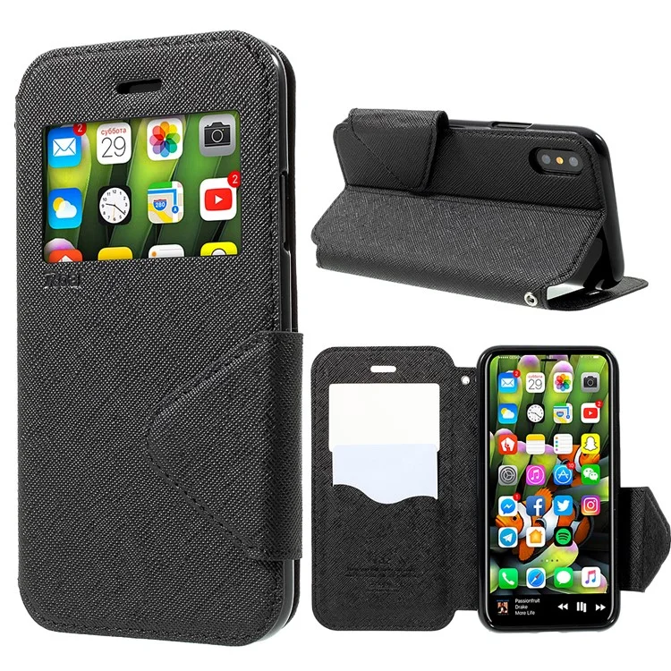 ROAR KOREA View Window Leather Cross Texture Stand Case for iPhone X 5.8 inch - Black