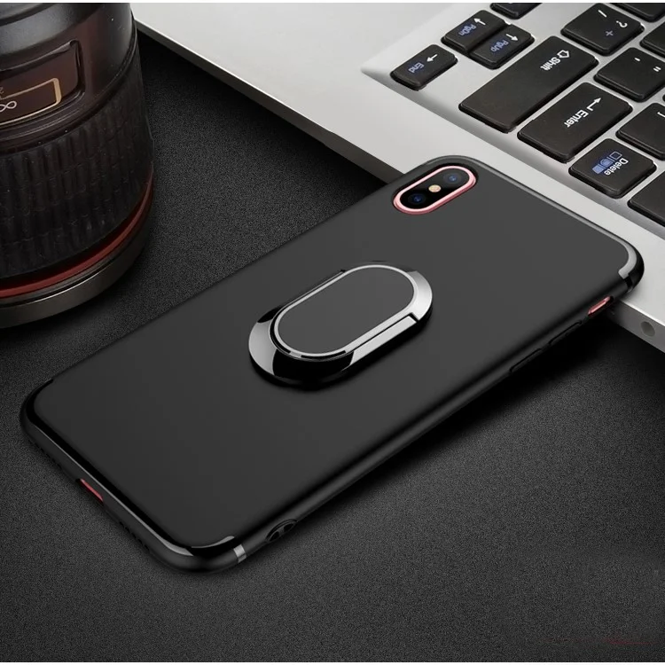 Magnetic Finger Ring Kickstand Matte TPU Case for iPhone X/Ten 5.8 inch - Black