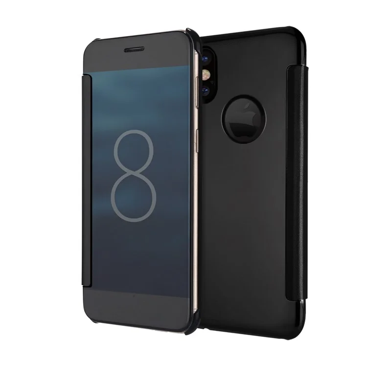 For iPhone X 5.8 inch Window Mirror Plated Mobile Phone Protective Case (PC + PU Leather) - Black