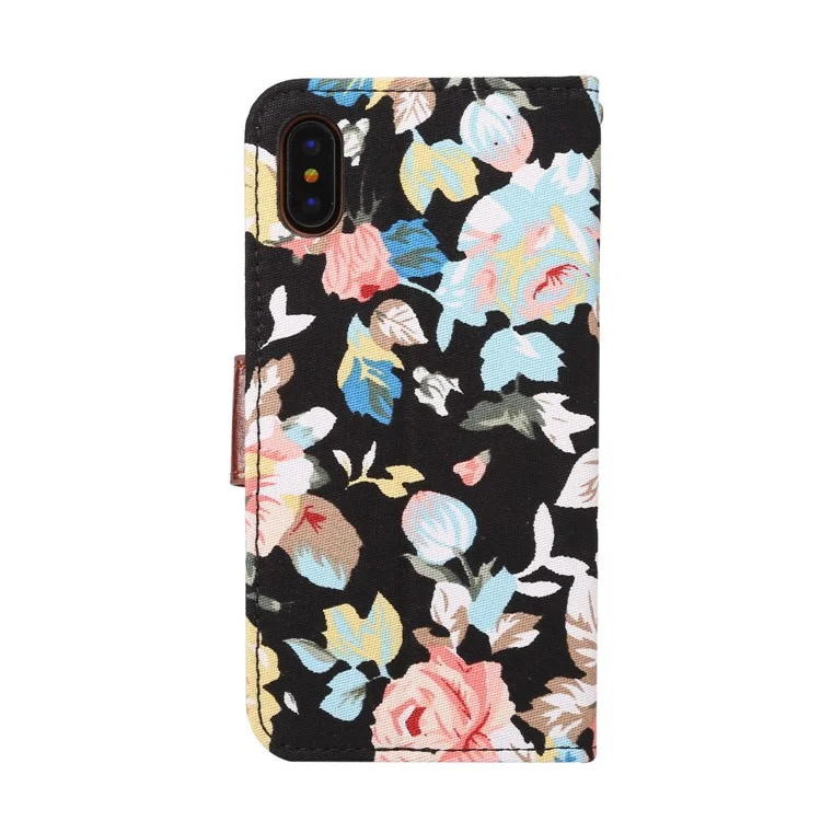 Flower Cloth Skin Card Holder Leather Stand Case for iPhone X 5.8 inch - Black