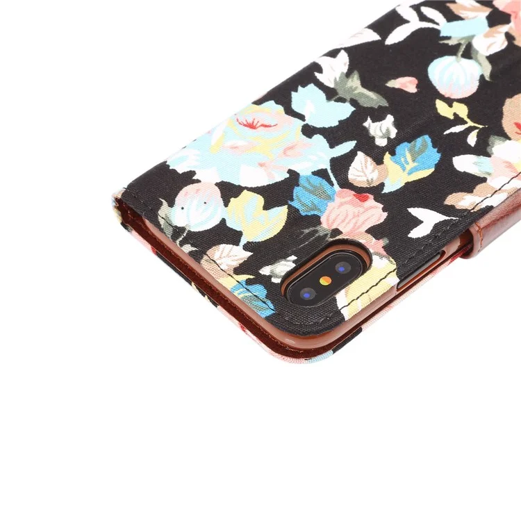 Flower Cloth Skin Card Holder Leather Stand Case for iPhone X 5.8 inch - Black