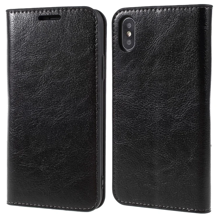 Crazy Horse Genuine Leather Wallet Stand Case for iPhone X 5.8 inch - Black