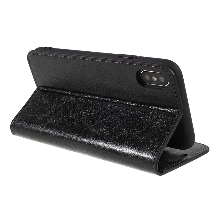 Crazy Horse Genuine Leather Wallet Stand Case for iPhone X 5.8 inch - Black