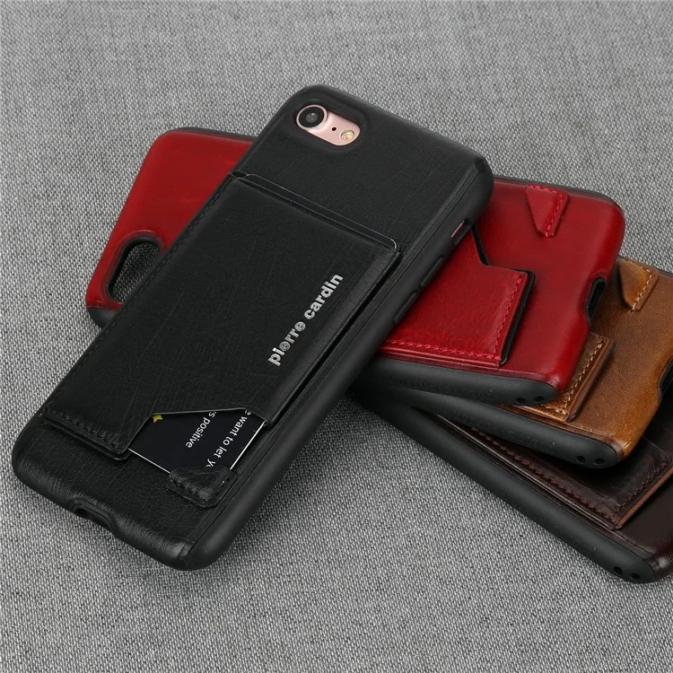 PIERRE CARDIN Genuine Leather Coated Card Slot TPU Mobile Phone Case for iPhone SE (2020) / SE (2022) / 8 / 7 4.7 inch - Black