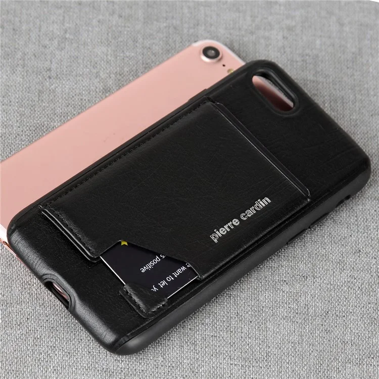 PIERRE CARDIN Genuine Leather Coated Card Slot TPU Mobile Phone Case for iPhone SE (2020) / SE (2022) / 8 / 7 4.7 inch - Black