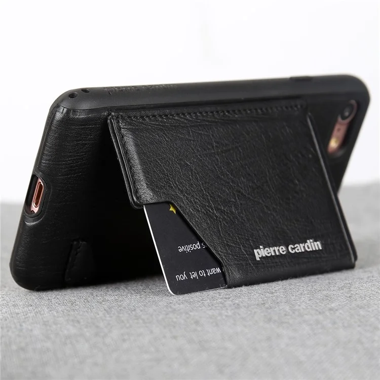 PIERRE CARDIN Genuine Leather Coated Card Slot TPU Mobile Phone Case for iPhone SE (2020) / SE (2022) / 8 / 7 4.7 inch - Black