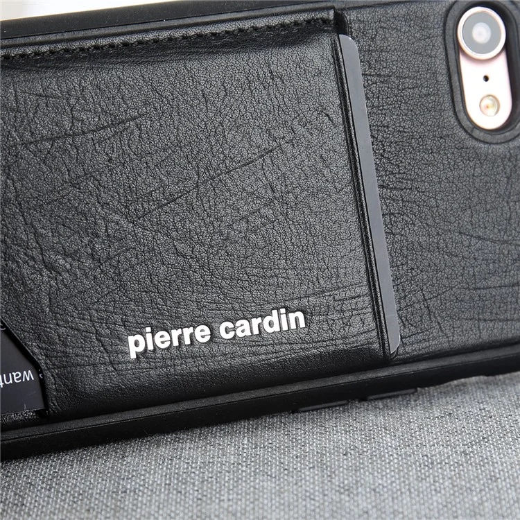 PIERRE CARDIN Genuine Leather Coated Card Slot TPU Mobile Phone Case for iPhone SE (2020) / SE (2022) / 8 / 7 4.7 inch - Black
