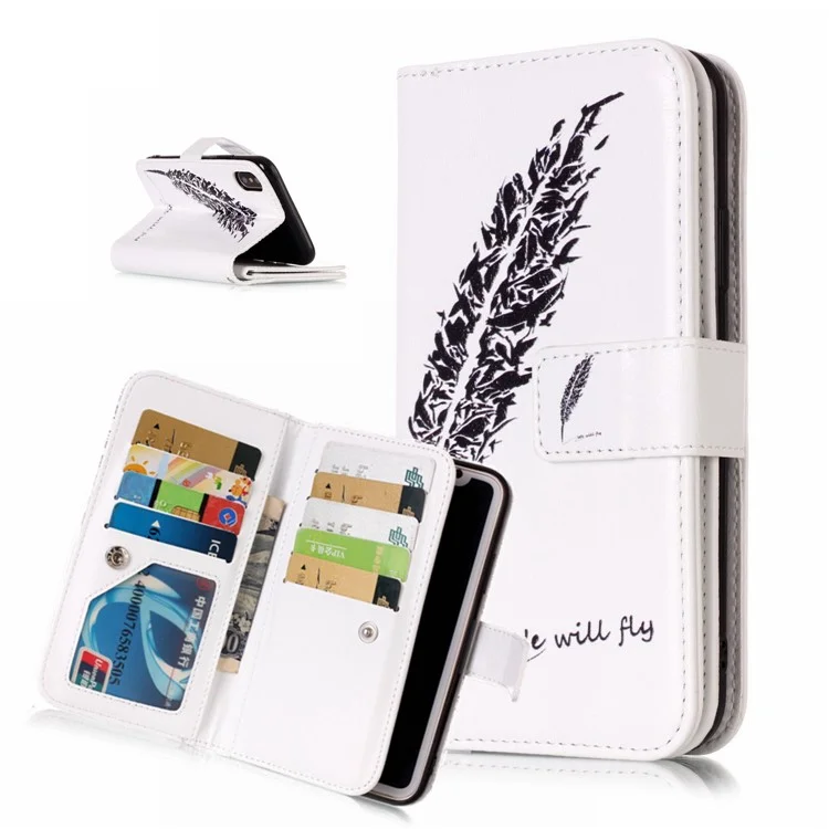 Embossing Pattern Printing Leather Wallet Magnetic Stand Cover for iPhone X 5.8 inch - Black Feathers
