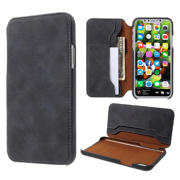 PU Leather Folio Flip Wallet Shell for iPhone X 5.8 inch - Black