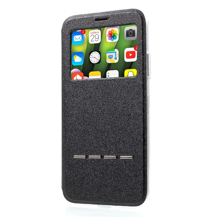 View Window Leather Stand Shell for iPhone X 5.8 inch with Touch Slide Button - Black