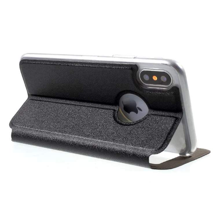 View Window Leather Stand Shell for iPhone X 5.8 inch with Touch Slide Button - Black