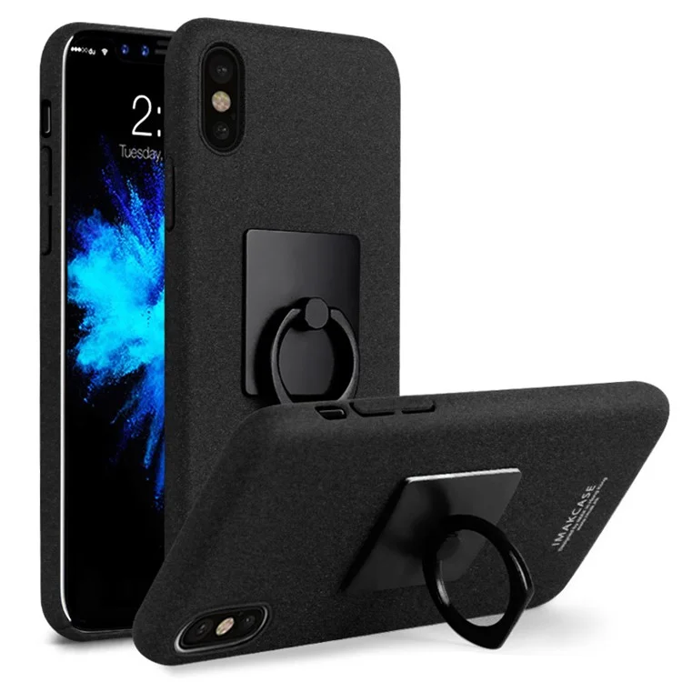 IMAK for Apple iPhone X 5.8 inch Ring Holder Kickstand Matte Hard Case + Screen Protector - Black