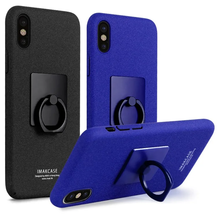 IMAK for Apple iPhone X 5.8 inch Ring Holder Kickstand Matte Hard Case + Screen Protector - Black