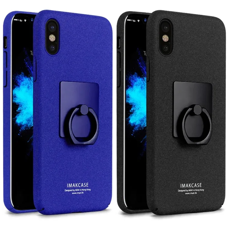 IMAK for Apple iPhone X 5.8 inch Ring Holder Kickstand Matte Hard Case + Screen Protector - Black