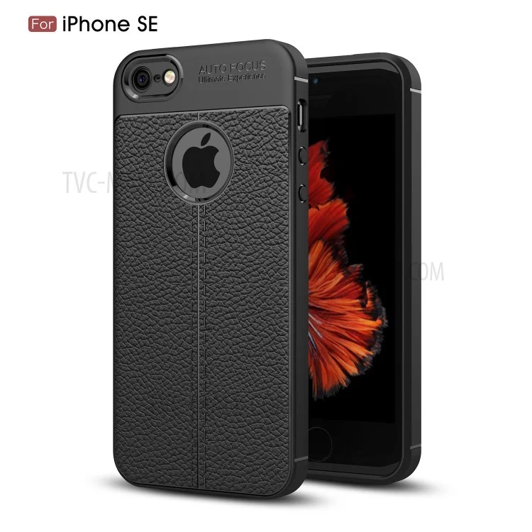 Litchi Skin Anti-fingerprint PU PU Cuir Revêtement TPU Téléphone Pour Iphone SE / 5S / 5 - le Noir