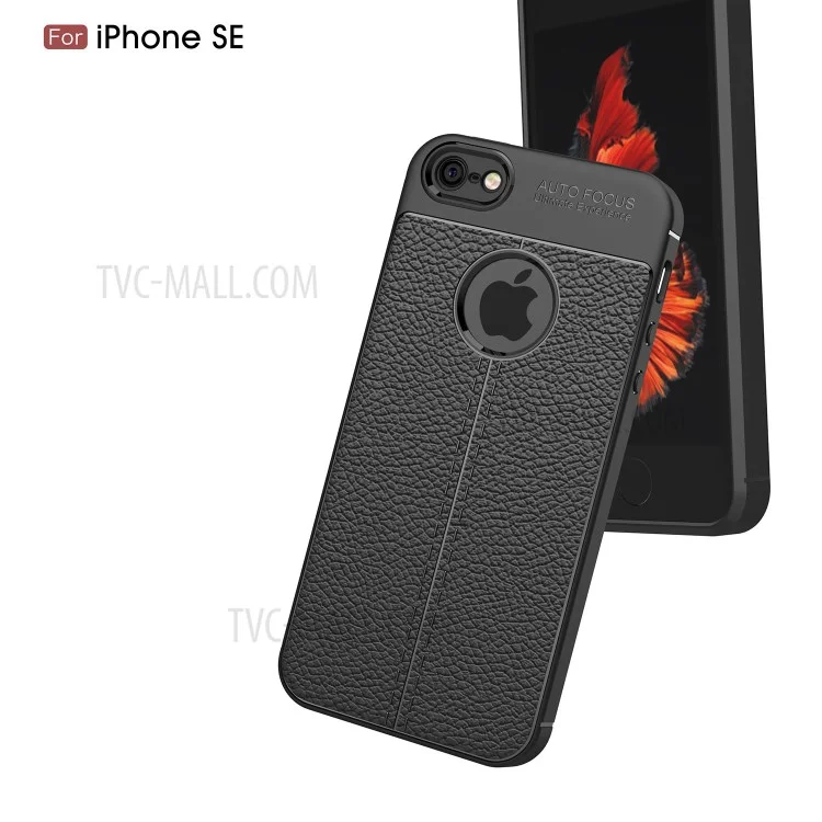 Litchi Skin Antifingprint PU Concluído de Couro TPU Case Para Iphone SE / 5S / 5 - Preto