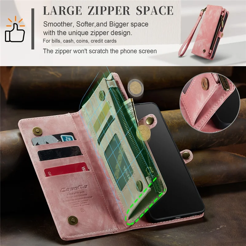 CASEME 008 Series Phone Case for iPhone X (Ten) / XS Detachable 2-in-1 PU Leather Phone Cover with Zipper Wallet - Pink