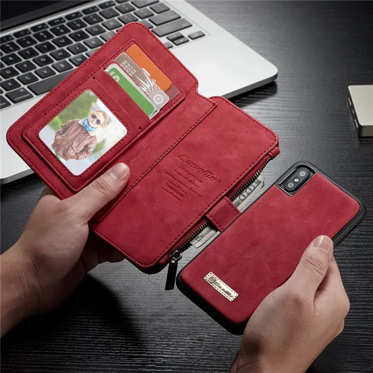 CASEME 2-in-1 Multi-functional Split Leather Wallet Cover for iPhone X / 10 5.8 inch - Red