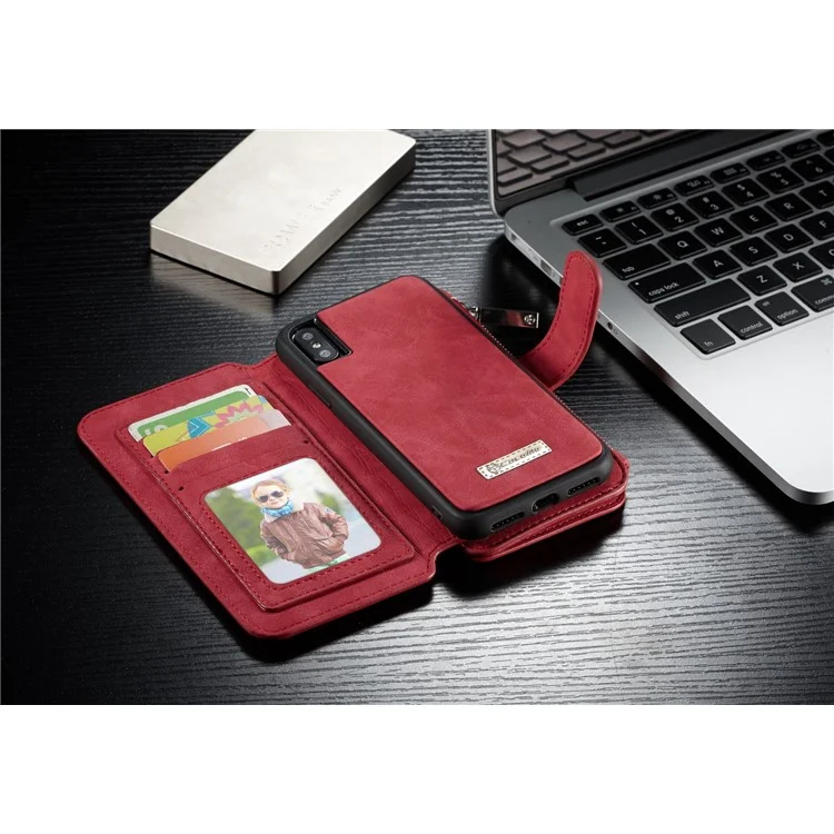 CASEME 2-in-1 Multi-functional Split Leather Wallet Cover for iPhone X / 10 5.8 inch - Red