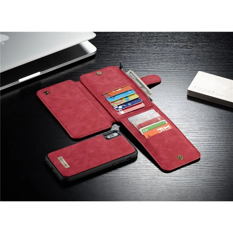 CASEME 2-in-1 Multi-functional Split Leather Wallet Cover for iPhone X / 10 5.8 inch - Red