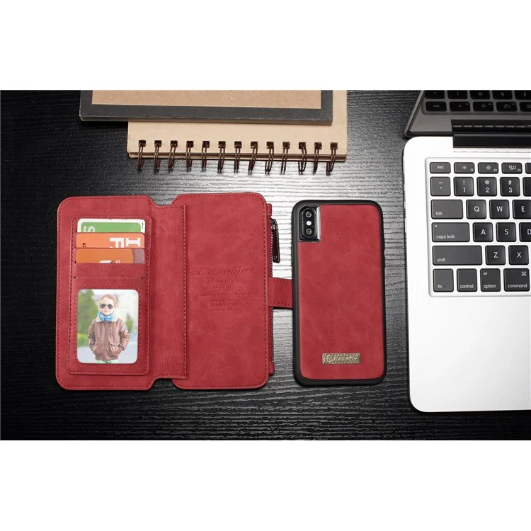 CASEME 2-in-1 Multi-functional Split Leather Wallet Cover for iPhone X / 10 5.8 inch - Red